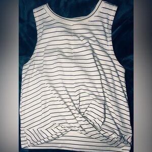 Striped White and Black Breathable Tank Top with Bottom Twist Knot